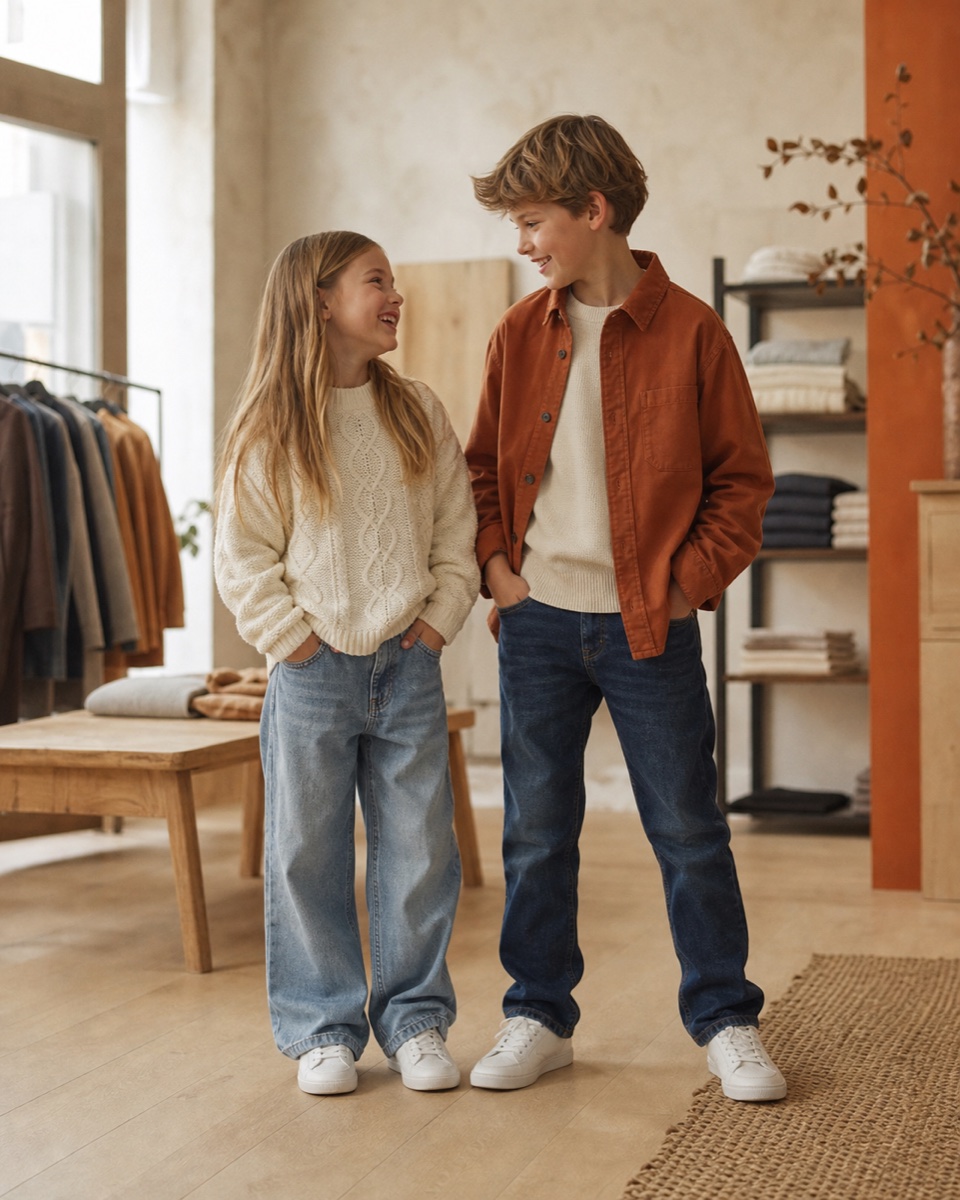 Två barn i stickat, denim och varm overshirt som skrattar tillsammans